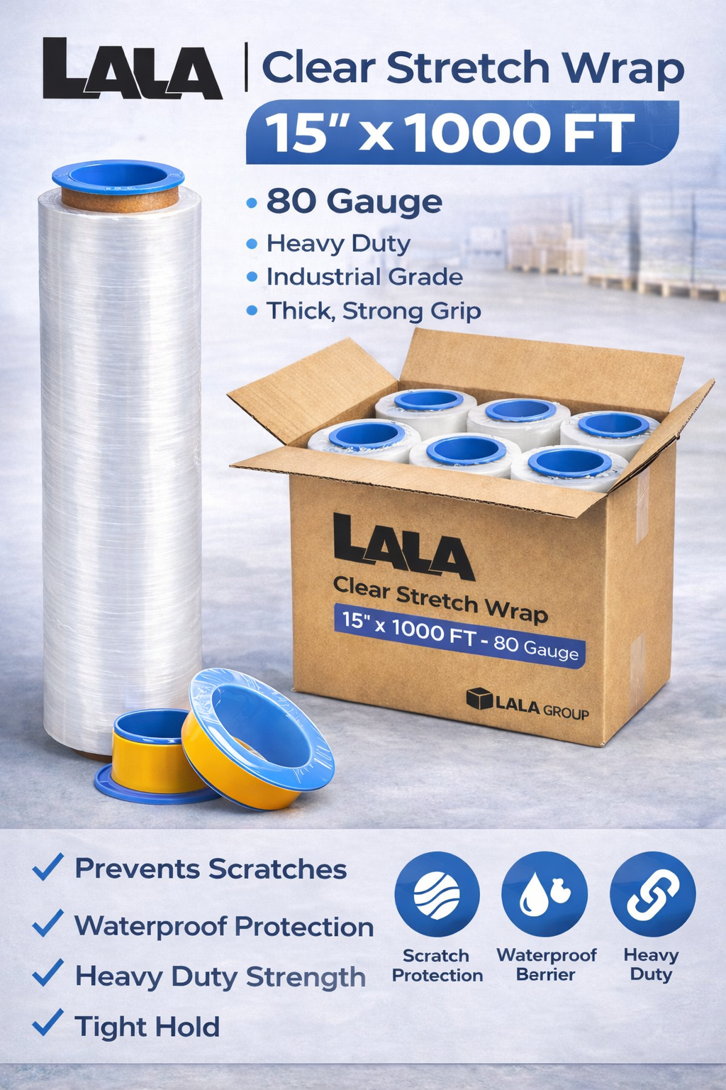 Clear Stretch Wrap Industrial Strength 15" x 1000 Ft - 80 Gauge Thick - Clear Plastic Cling, Stretch Film Rolls for Packaging Moving Packing Pallets (Copy)