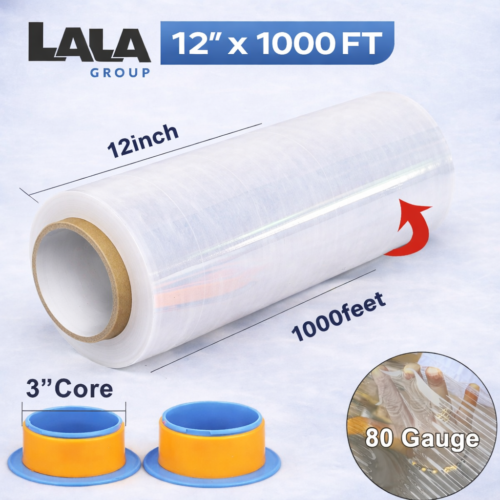 Clear Stretch Wrap Industrial Strength 12" x 1000 Ft - 80 Gauge Thick - Clear Plastic Cling, Stretch Film Rolls for Packaging Moving Packing Pallets