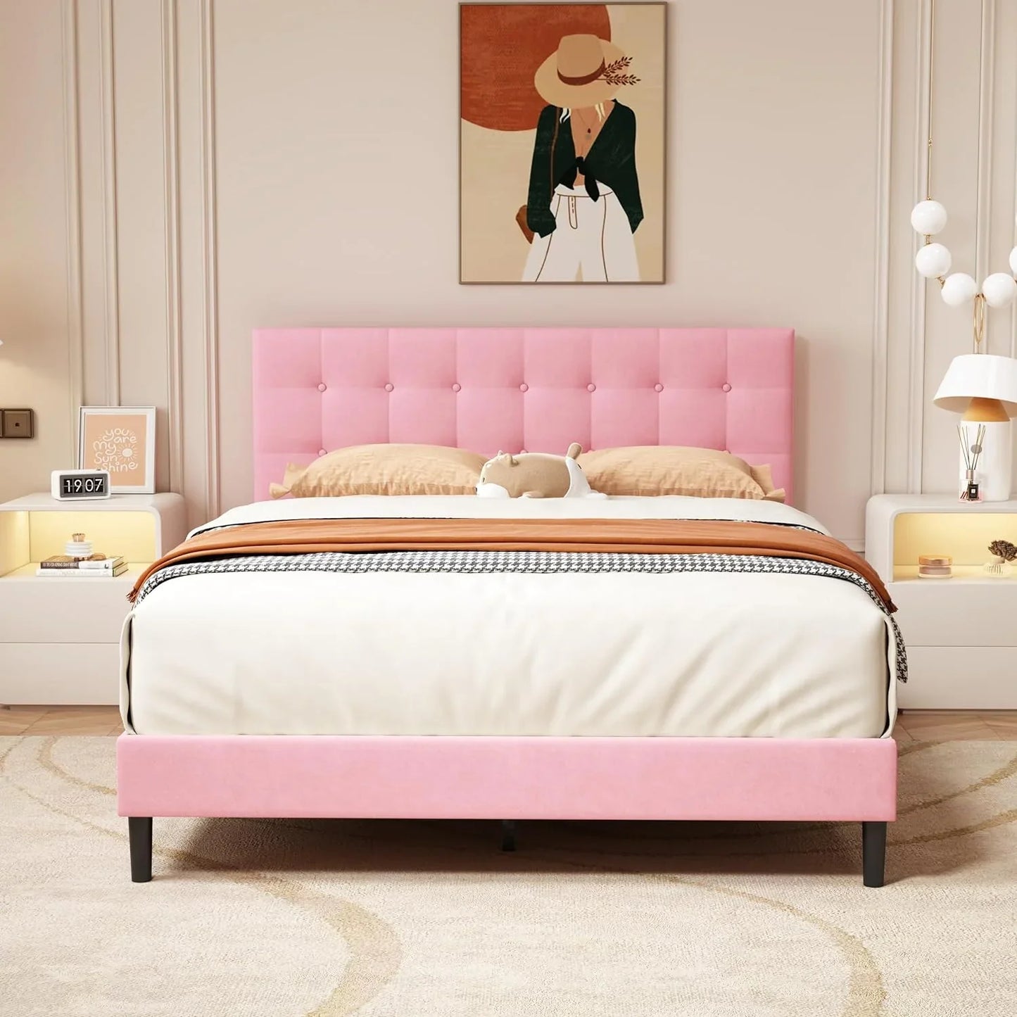 Dura Bed Frame with Button Tufted Headboard - Pink