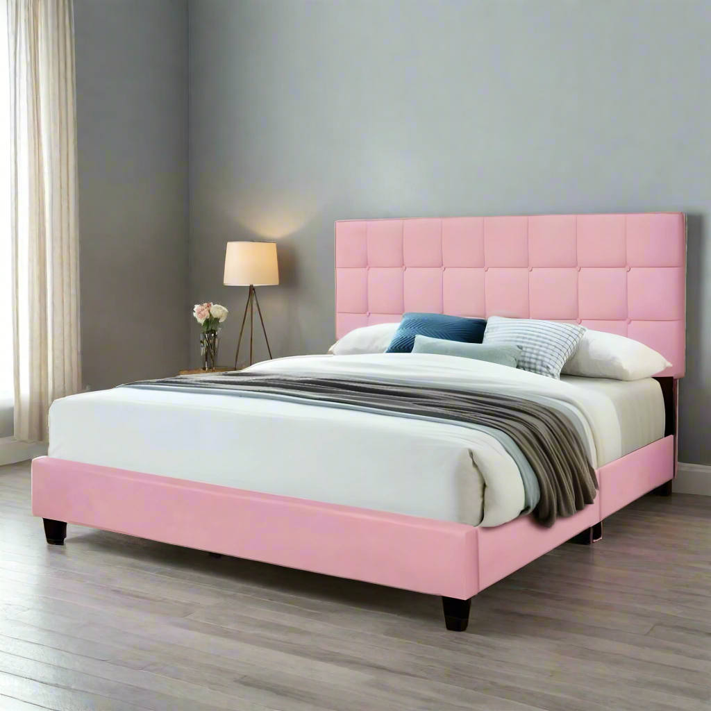 Dura Bed Frame with Button Tufted Headboard - Pink