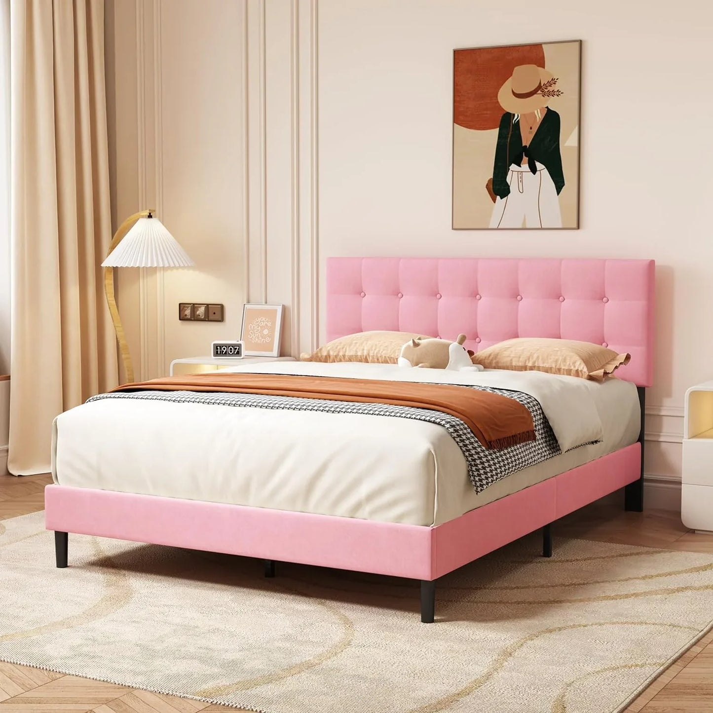 Dura Bed Frame with Button Tufted Headboard - Pink